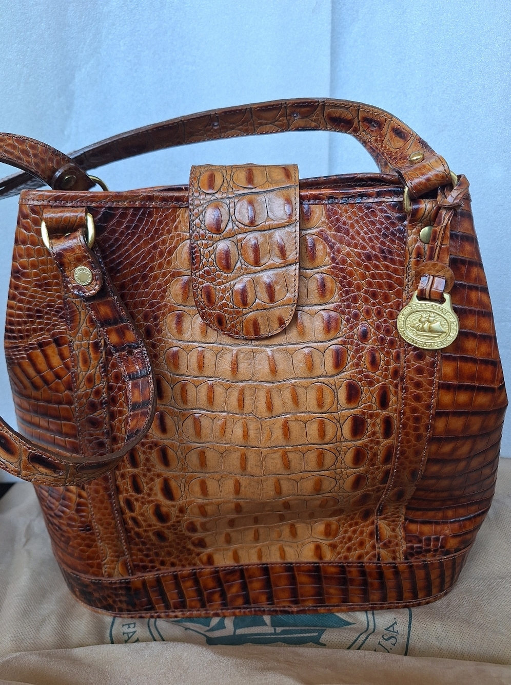 Brahmin Julian Tote Pecan Melbourne Croc Embossed Leather Bucket Bag + Organizer - Picture 2 of 16